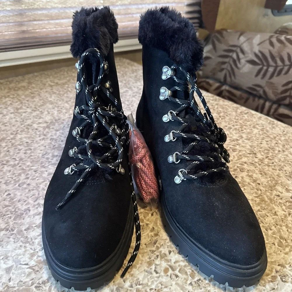 J. Crew Women's 10 Black Faux Suede & Fur Lined Winter Hiking Boots Red Laces